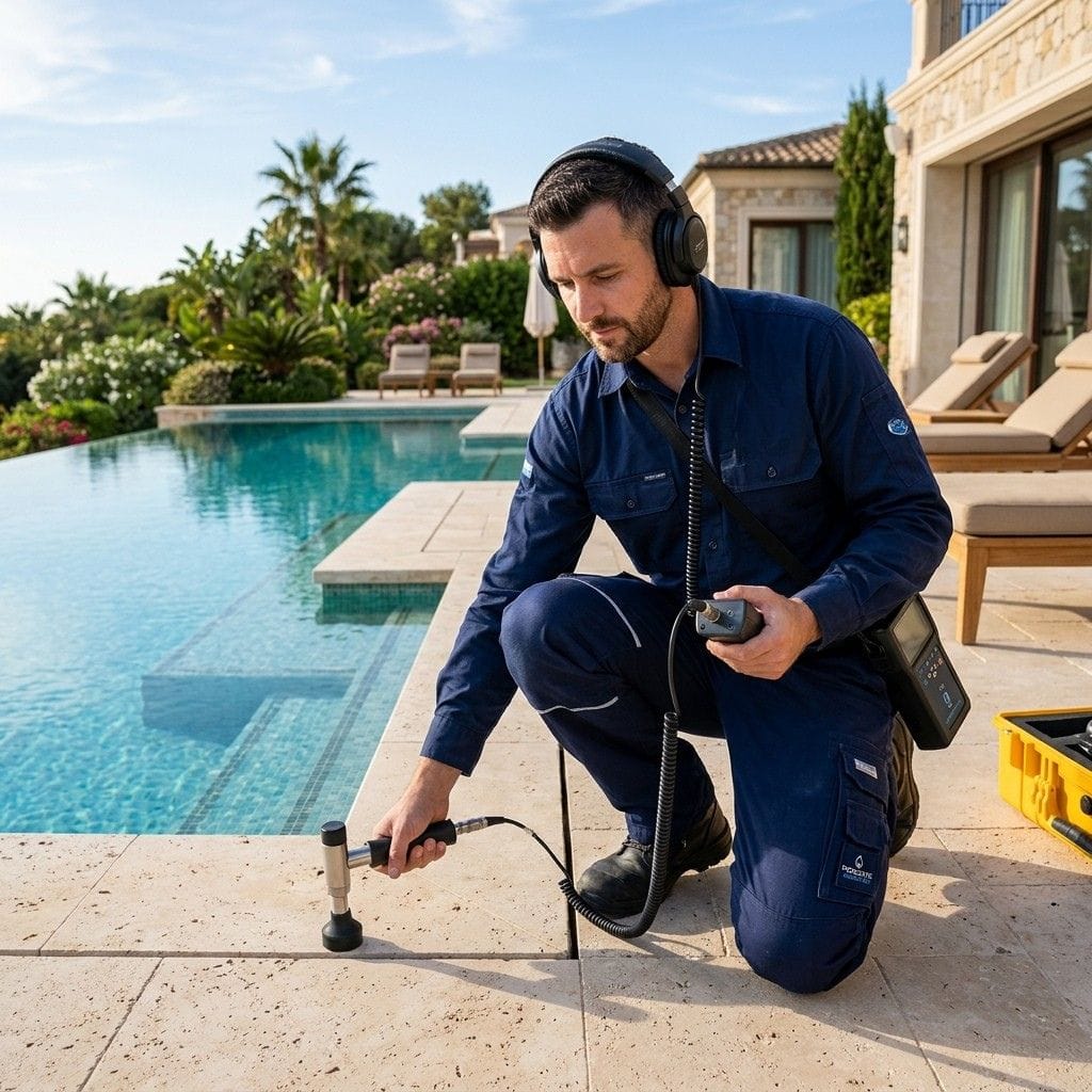 Técnico usando geófono acústico para detectar fugas en tuberías de piscina