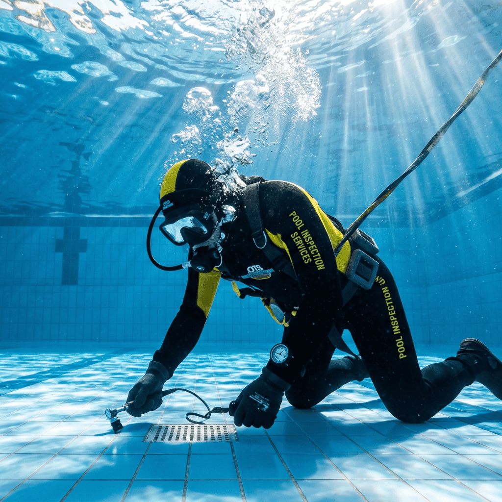 Buzo especialista inspeccionando el fondo de una piscina para localizar la fuga
