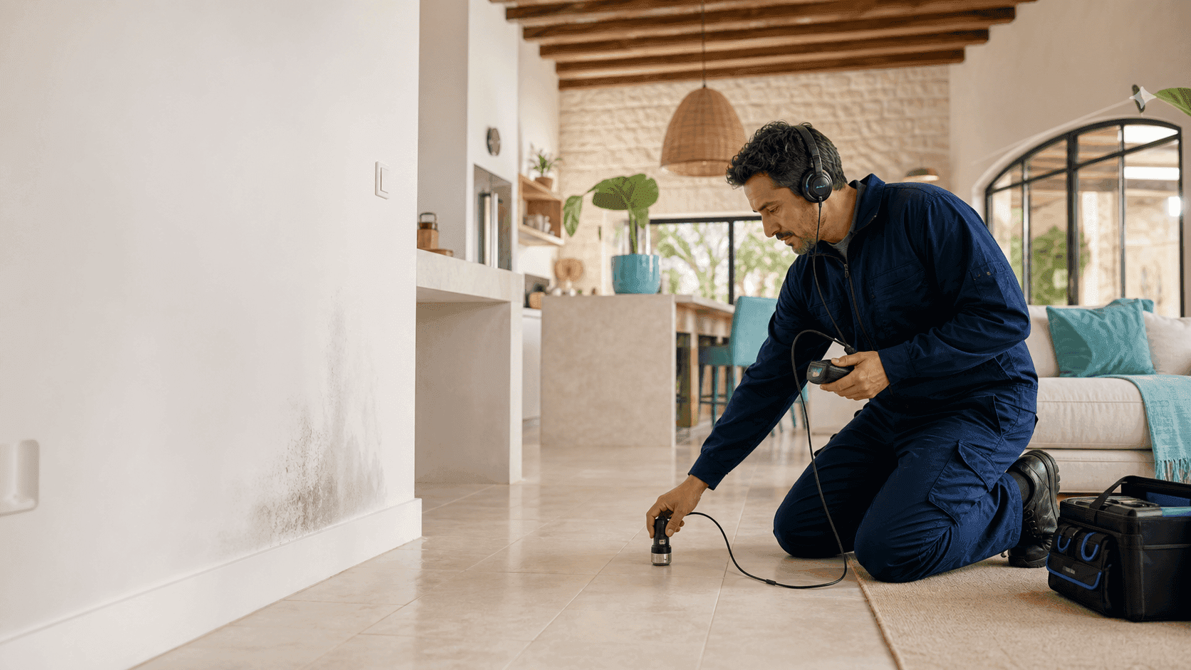 Técnico localizando una fuga de agua oculta en una vivienda