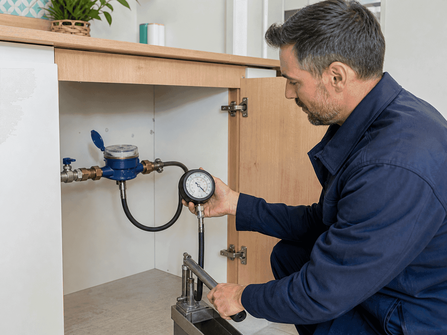 Técnico realizando una prueba de presión en la instalación de agua de una vivienda