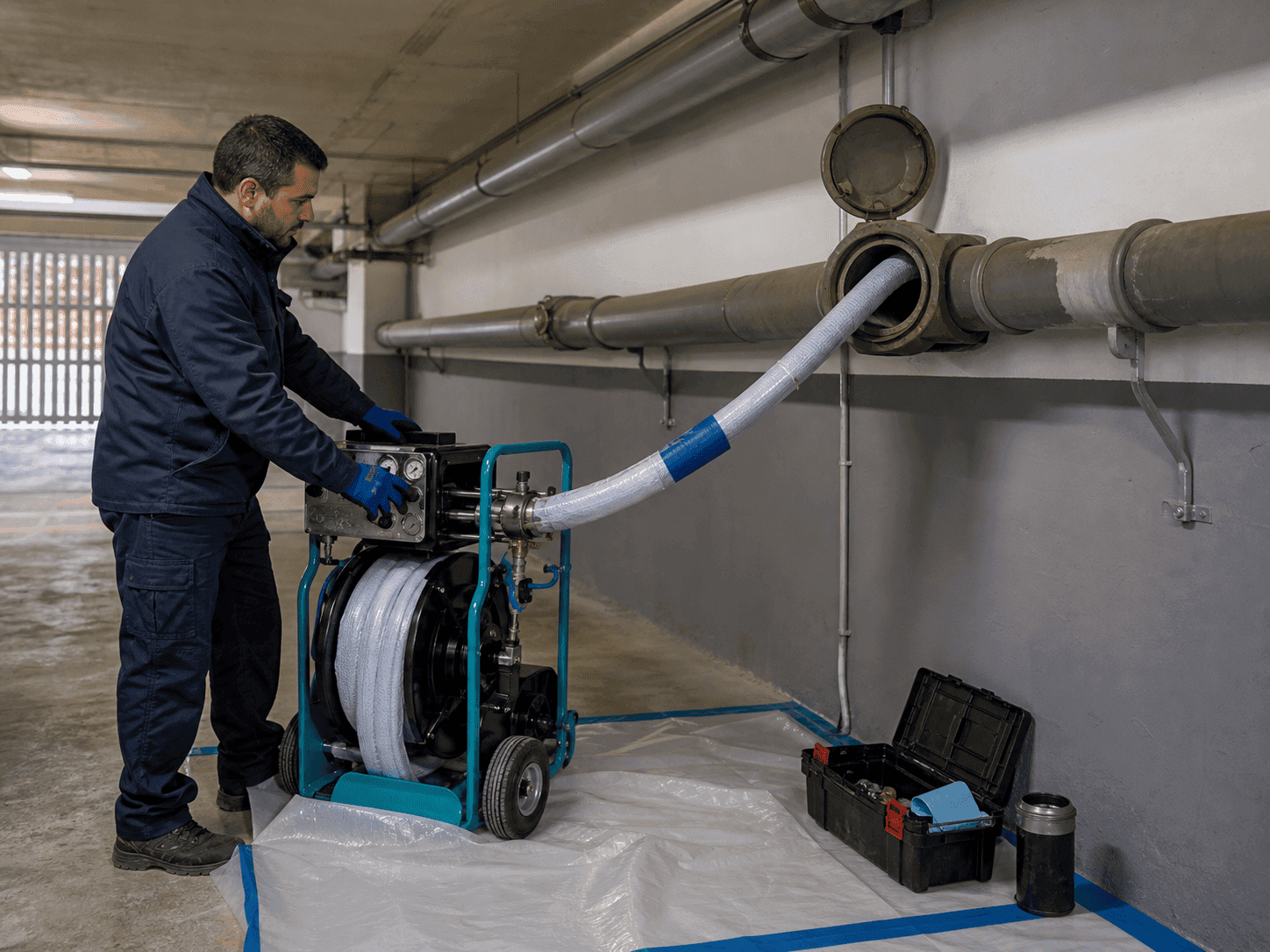 Técnico realizando el encamisado de una tubería comunitaria con resina epoxi