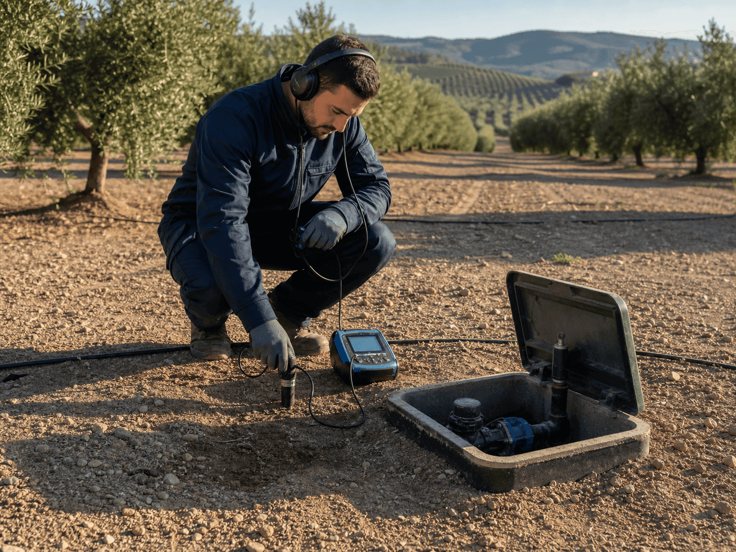 Técnico localizando una fuga de agua en un sistema de riego agrícola